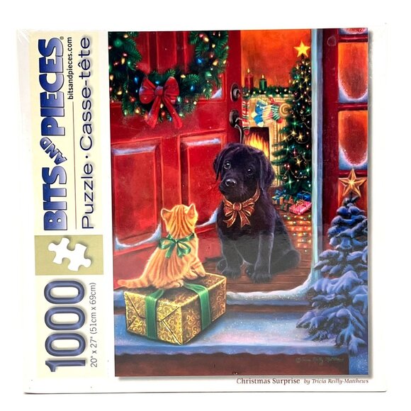 Bits & Pieces 1000 Piece Puzzle Christmas Surprise Holiday Dog Cat Scene Age 14+ - Picture 1 of 9